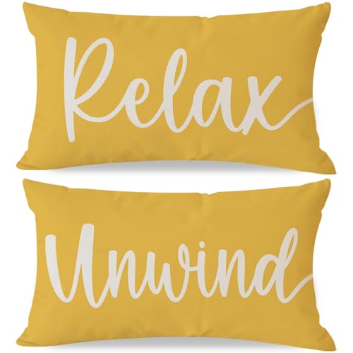Decorative-Throw-Pillow-Covers-12x20-Set-of-2-Relax-Unwind-Yellow Decorative Throw Pillow Covers 12x20 Set of 2 Relax Unwind, Yellow - Image 1