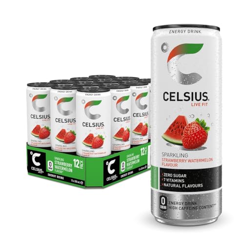 Celsius Bebida Energética Sin Azúcar, Sabor Fresa Sandía, Energy Drink Funcional - Lata, Pack 12 x 355 ml