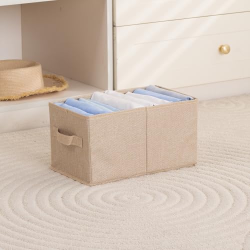 Image of HOKIPO Fabric Storage Box and Organiser for Clothes | Storage Bin for Wardrobe Fabric Organizers with Handle, Small, Pack of 1 - Beige (AR-6683-BGE)