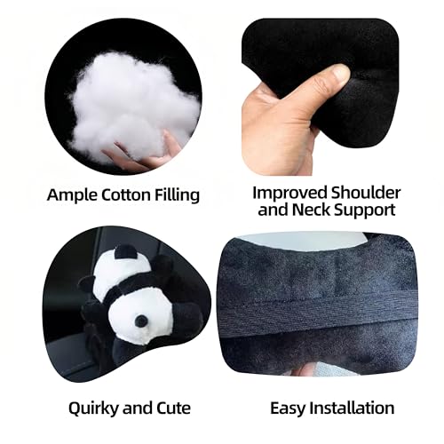 Image of Car Seat Pillow 2PCS Cute Panda Plush Car Headrest Pillow - Cartoon Comfortable Neck Support Cushions for All Seasons Suitable for Office Chairs, Computer Chairs