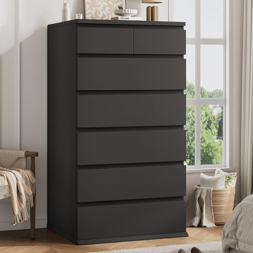 Black Tall 7 Drawer Dresser for Bedroom Modern Wood Closet Dressers & Chests of Drawers with Jewelry Storage 23.6 L*15.8 W*47.5 H in Large Vertical Dresser for Bedroom Living Room Nursery
