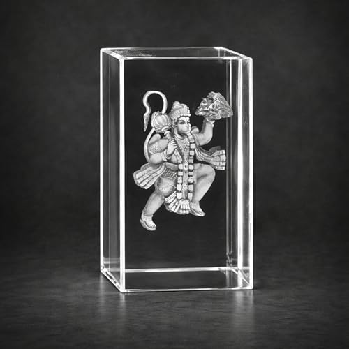 Image of GROB God Idol 3D Crystal Cube with LED Light Base in Festivals, Personalized Gift,Home Decoration, Showpiece for Home(Transparent 50 X 50 X 80 mm) (Hanuman)