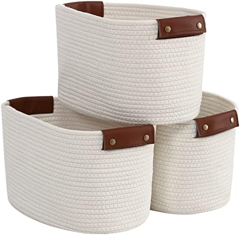 3 Pack Cotton Rope Storage Basket Woven Shelf Storage Bin with Fa...