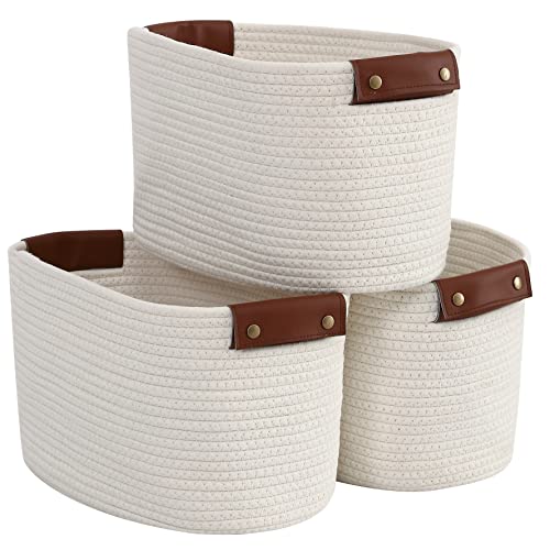 Organizix 3 Pack Woven Cotton Rope Shelf Storage Basket With Leather Handles, Baby Nursery Storage Bin Organizers, Closet Shelf Storage - 15 X 10 X 9, Cream #TOP1