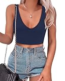 SAUNGKUAI Women's Crop Tops Deep V Neck Sleeveless Backless Double Lined Cropped Tank Top for Going Out Navy Blue M