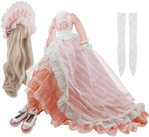 EVA BJD Set of Skirt Wigs Shoes Socks Accessories Full Set for 1/3 BJD Dolls Ball Jointed Dolls 22in - 24in 60cm (Pink and White)