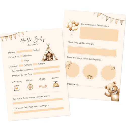 BETESSIN Babyparty Spiele Karten - 25 Baby Shower Ratespiel Karten mit Babybär Motiv - Babyparty Karten zum ausfüllen - Babyshowerparty Spiele für Junge und Mädchen, Gender Reveal Party Deko