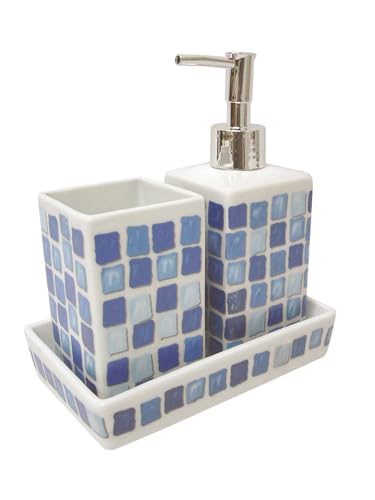 Juego 3 Piezas BAÑO Accesorios SOBREMESA Lavabo Porcelana DOSIFICADOR 280ML Vaso BAÑO Bandeja Mosaico Azul