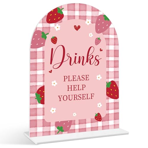 Drinks Please Help Yourself Sign - Strawberry Baby Shower Sign, 1 Pack Arch Acrylic Sign with Stand, Gender Reveal Party Table Decor, Berry Baby Shower Supplies (SE24)