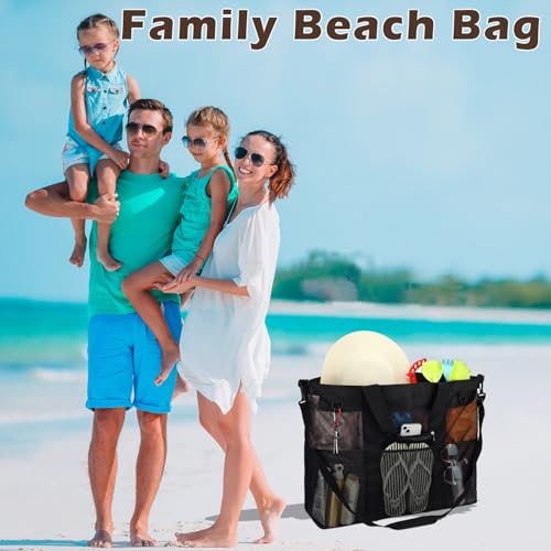 Extra Large Mesh Beach Bag for Family, Pool Travel Tote Bag with Zipper Closure, 10 Pockets, Sandproof Bottom2