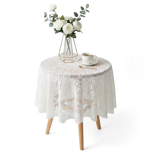 HJZHII Square Lace Tablecloth, 35.5 X 35.5 Inch White Lace-Tablecloths Vintage Crochet Laces Table Cloth Embroidered Side Table Cover for Tea Party Reception Dinner Home Wedding Party Tableware Decor