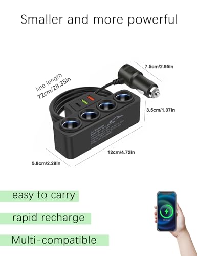 Multi-function Cigarette Lighter Splitter, Cell Phone Charger, Car Charger, 4 Cigarette Lighter Sockets, 1 PD Fast Charger Port 2-Port USB Power Adapter for Cell Phones, Tablets and Laptops