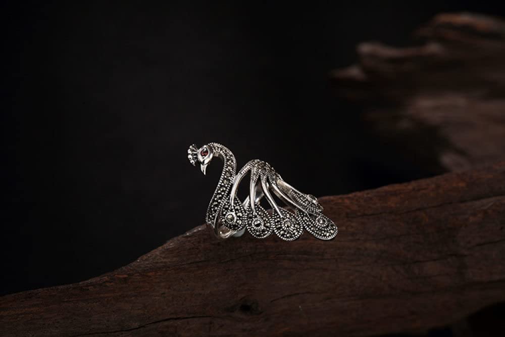 HGJH Ring Silber 925 Damen, Sterling Silber Ringe Frauen 925 Pfau Verstellbare Ringe Retro Ethnische Verstellbare Sterling Kleid Ringe Verlobungsring Geschenke Für Männer Mädchen Frau Ewigkeitsringe