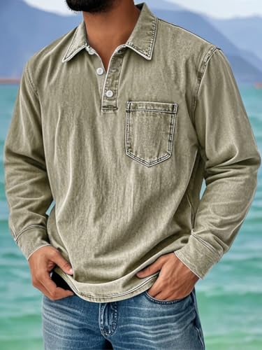 Mokaloha Mens Long Sleeve Shirt, Men's Vintage Distressed Lapel Pocket Casual Long-Sleeved Polo Shirts, Stand Design4