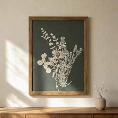 YBYBEST 12 x 16 Inch Framed Ivory Botanical Wall Art, Vintage Olive Green Floral Canvas Print with Warm Brown Solid Wood Frame for Bedroom and Home Office