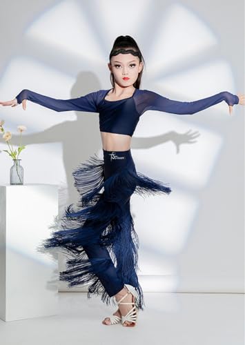 CRETUAO Roupas de dança latina de 2 peças para meninas top de manga comprida calças com franjas roup