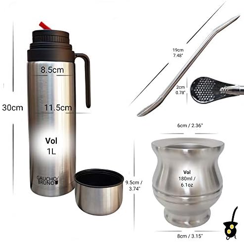 Gaucho Bruno - Stainless Steel Thermal Mate for Drinking Yerba Mate, Bombilla Straw and 1 Litre Flask with Red Pouring Spout | Easy to Clean | Comfortable to Hold | Brushed and Polished | Keeps Warm
