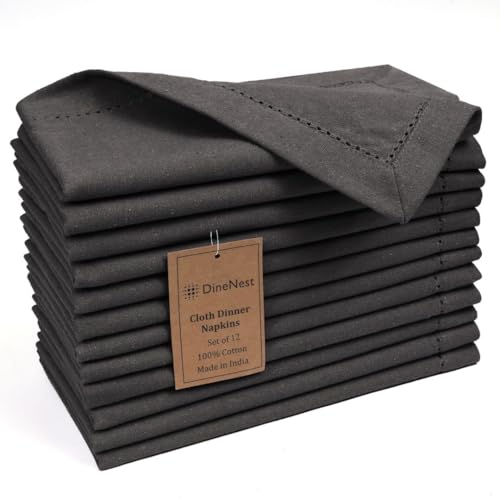 DineNest Hemstitch Cloth Dinner Napkins 100% Cotton Set of 12 - for Dining Special Occasions Weddings Parties Holidays Easter - Soft Durable Washable - 18x18 Inch Table Cloth Napkins Charcoal Grey