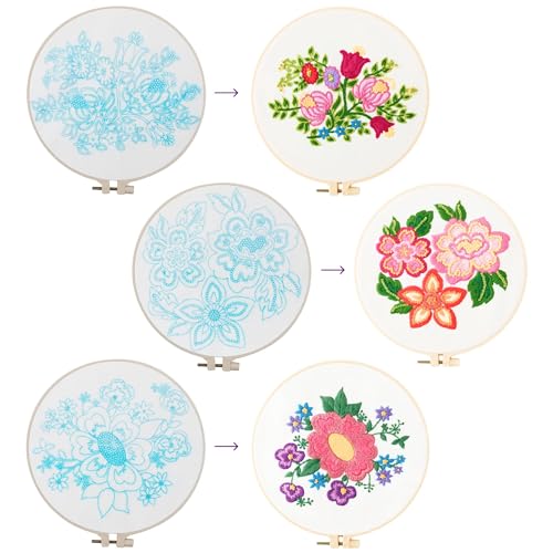 Image of Looples Embroidery Kit for Beginners and Adults with Video Tutorials - DIY Starter Kit with 3 Stamped Floral Patterns, Hoops, Threads, Needles, and Instructions (Floral)