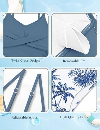 Image of Girls Swimsuit 2 Piece Bathing Suit Criss Cross Ruched Girl Tankini Sets Printed Girls' Swimwear for 9-18 Years