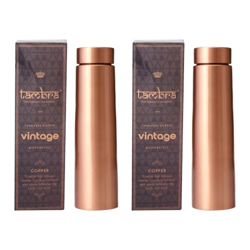 Image of Tambra Pure Copper Matt Cylinder Design Water Bottle with Advanced Leak Proof Protection and Joint Less With Matt Finish Look | Ayurveda and Yoga Health Benefits | (950 ml, Pack of 2)