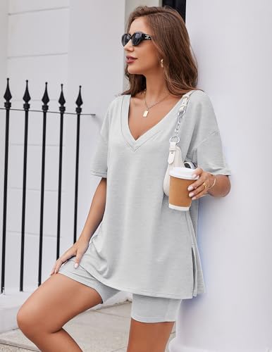 Image of Ekouaer Womens Pajamas 2 Piece Lounge Sets Oversized V Neck T-Shirts Tops Biker Shorts Set Workout Reversible Tracksuit S-XXL