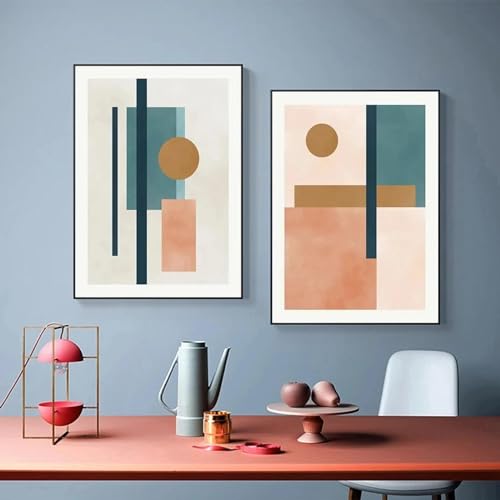Peinture géométrique beige et rose pour chambre parentale zen