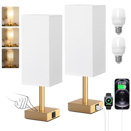 Aooshine Gold Touch Lamps Set of 2, Table Lamps for Bedroom and Living Room, 3-Way Dimmable Bedside Lamps, White Linen Shade(Bulb Included)