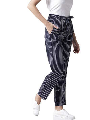 Image of Style Quotient Women Blue & White Original Tapered Fit Striped Cropped Trousers