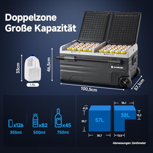 AAOBOSI 95L Kompressor Kühlbox Dual Zone, Kühlbox Auto Mit WIFI-APP-Steuerung USB-Anschluss, 12/24 V und 100-240 V kompressorkühlbox -20°C bis 20°C für Auto, Lkw, Boot, Reisemobil, Camping, Doppeltür