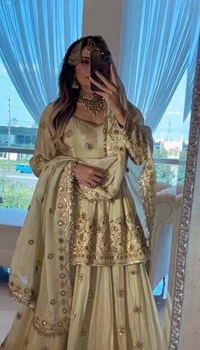 Image of LUXE VIBE Embroidered Embellished chinon semi-beads real mirror work top with chinon lehenga and embroidered dupatta set