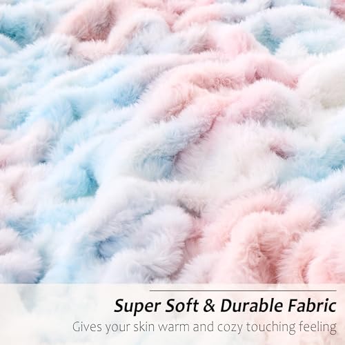 Viviland Faux Fur Throw Blanket for Bed Couch Sofa - Soft Cozy Furry Warm Throw - Comfy Shaggy Blanket - Machine Washable - Pink & Blue Fuzzy Plush Throw - 50"× 60" — view 2