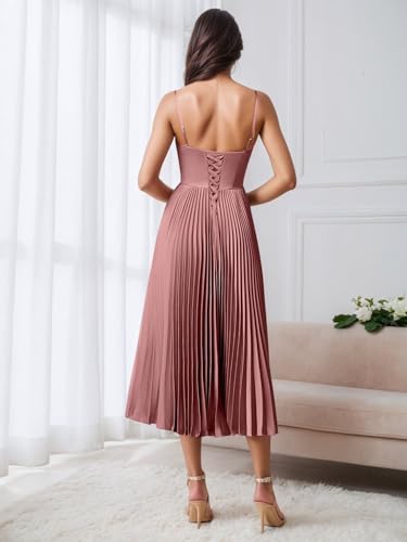 A-Line Satin Bridesmaid Dresses for Women Pleated Tea Length Spaghetti Straps Corset Wedding Guest Dress3