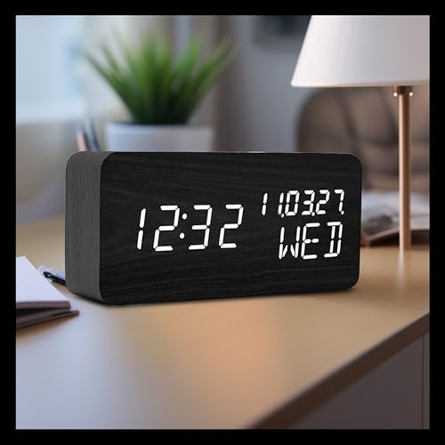 Pokanic Wood Digital Alarm Clock Desk Time, Date(MM/DD/YY), Day of the Week, Temperature