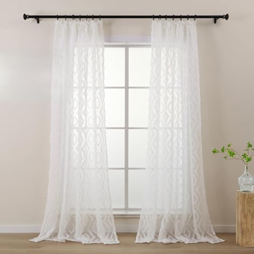 L.Z.E Cortinas blancas para salón, cortinas blancas con cinta fruncidora para sistema de rieles, transparente, cortina bohemia para dormitorio, juego de 2 cortinas modernas, 245 cm de largo, blanco