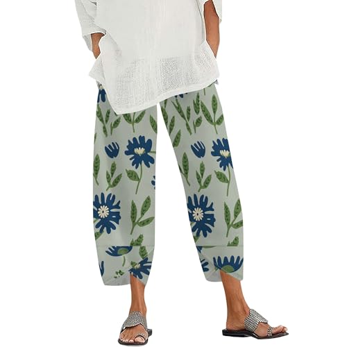 Womens Floral Tulip Print Wide Leg Pants Boho Cotton Linen Lantern Trousers Elastic Waist with Pockets Lightweight Summer