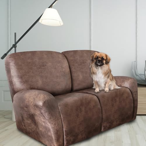 Image of ANARACHON Loveseat Recliner Cover Leather Look Recliner Loveseat Covers Recliner Sofa Cover for 2 Seater Reclining Couch Spandex Fabric Washable 6 Pieces (2 Seater, 02 Light Brown)