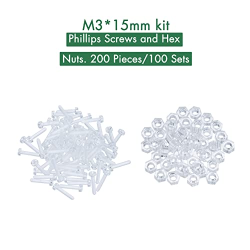 Pzsmocn 200 Pieces/100 Sets M3*15 mm PC Transparent Plastic Cross-recessed Round Head Screws and Hexagonal Nuts Kit - Image 3