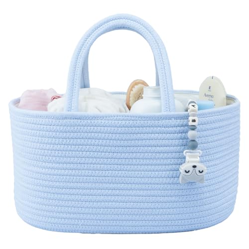 Image of XUANGUO Cotton Rope Baby Diaper Caddy Organizer Basket Sky Blue | Nursery Storage Bin, Portable Baby Tote Bag for Changing Table or Car, Baby Shower Gifts Bag, Newborn Essentials, Registry