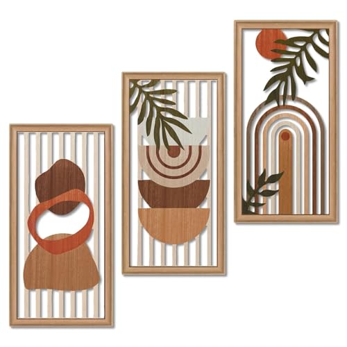 Putuo Decor Lot de 3 décorations murales Modernes Style bohème, Panneaux géométriques Tons Terracotta Beige, déco Salon Chambre entrée Couloir, Ambiance scandinave Minimaliste, avec Patins Silicone