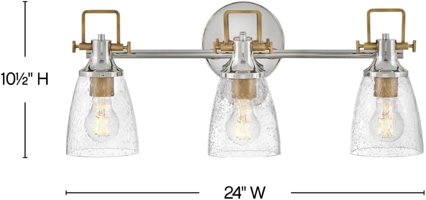 Hinkley Easton Three Light Bath Vanity Fixture, Modern Industrial, Clear Seedy Glass Shade, Mounts Up or Down, Polished Nickel and Heritage Brass