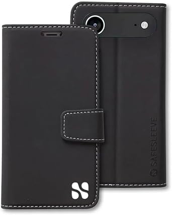 SafeSleeve Leather Wallet Case for iPhone 17 Air White Stitch, Black