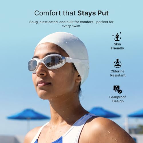 Image of CULT Swimming Cap Goggles with Ear Plugs & Nose Clip Set for Men & Women, Anti-Fog Swimming Goggles with Adjustable Strap, Silicone Swim Cap Combo for Training, Pool & Fitness, White