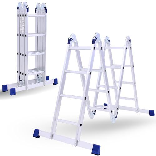 Multi-Purpose 6 IN 1 Aluminium Combination Ladder - Heavy Duty 15.4ft (4.7m) Tall Step Ladder with Locking Hinges 4 x 4 Steps Anti-Slip Feet Lightweight & Portable Max Load 330.6 lbs (150 kg)
