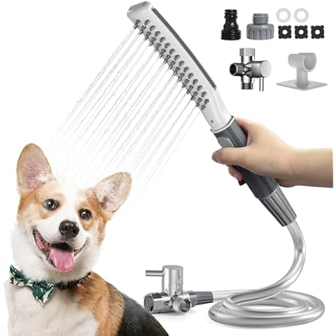 Petlipo Dog Shower Attachment, Dog Shower Head with 3 Spray Modes & One-Button ON/OFF, Dog Bath Supplies with Metal T-Diverter & Outdoor Adapter, Deep Clean & Massage, No Drill Hook Pet Bathing Kit Cover