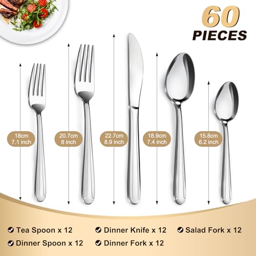 Pleafind 60-Pcs Silverware Set Service for 12, Premium Stainless Steel Flatware Set, Include Forks Spoons and Knives Set, Mirror Polished Cutlery Utensil Set for Home Restaurant, Dishwasher Safe by Pleafind - Image 2