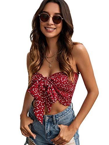 WDIRARA Women s Floral Print Tie Front Shirred Back Strapless Slim Fit Crop Bandeau Tube Top Burgundy L