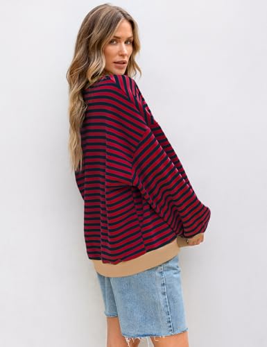 Image of UEU Women Oversized Striped Crewneck Sweatshirt Long Sleeve Color Block Pullover Tops Casual Loose Workout Shirt