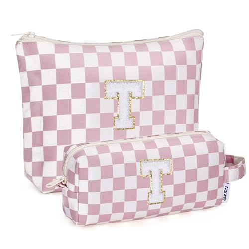 Narwey Personalised Birthdays Gifts Makeup Bag for Women, Christmas Friendship Gifts for Her, Make up Cosmetic Bag, Toiletry Wash Bags Travel Accessories Holiday Essentials (Dusty Pink Checkerboard T)