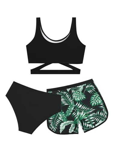 LIKCAISA Mädchen Bikini Set 3-teilig mit Badeshorts, Kreuz-Badeanzug für Teenager & Kinder, Modische Badebekleidung für Strand und Pool, 9-14 Jahre (128,134,140,146,152,158,164)
